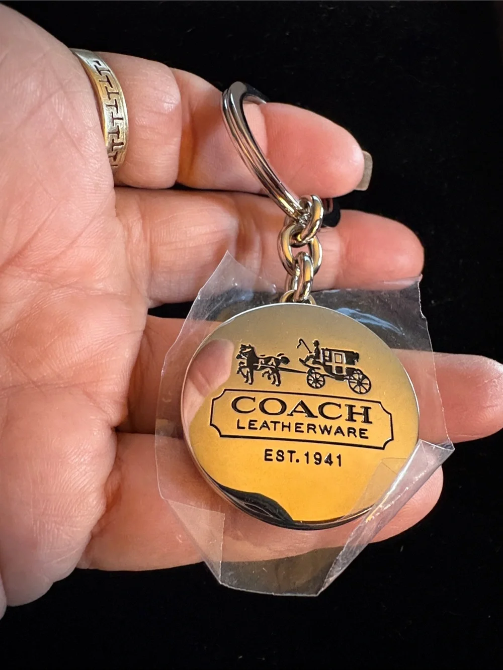 Coach Silver Locket with Black Lettering Round Logo Keychain Charm